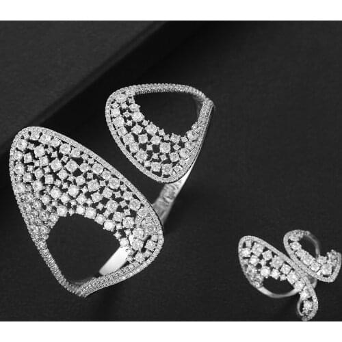 Blachette Unique Design Dubai Morocco 2 PCS Brand Gorgeous Bangle Ring Set for Women Bridal Wedding Daily Party Jewelry Set