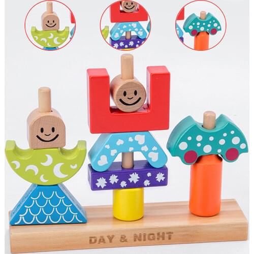 Educational Wooden Toy Sun & Moon Day & Night Pillar Blocks Early Learning Baby Kids Birthday Christmas Gift