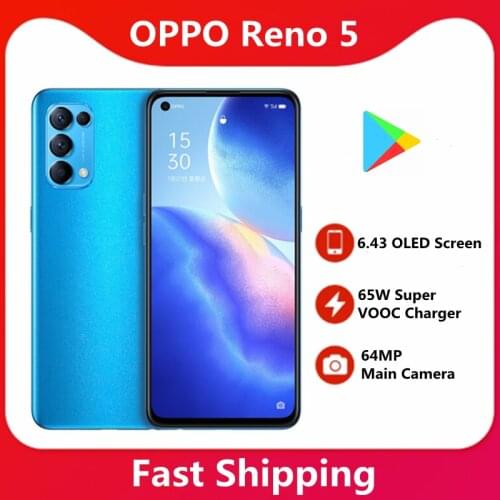 Original Oppo Reno 5 5G Smart Phone 64MP Main Camera 65W Super VOOC Charger 6.43 OLED Screen 4300mAh Battery Cell Phone