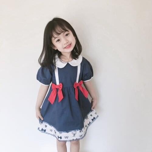Spring and summer new loli style 3-8 year old girl fashion girl baby dress blue stitching lace side bow princess dress