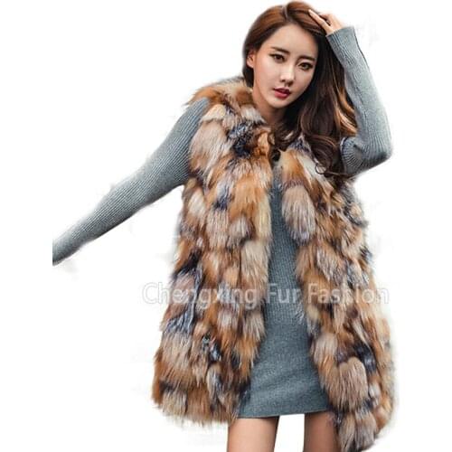 CX-G-B-10 Best Quality Natural Fox Fur Coat Jacket Hooded Real Fur Vest For Womens Long Genuine Fur Waistcoat Customize