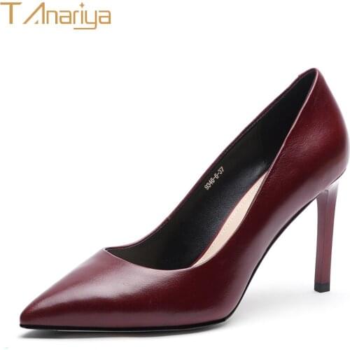 Tanariya Spring 20 New Wine Red Leather Sheepskin Shoes With Pointed Toes Ladies High Heels Women Shoes Woman Pumps