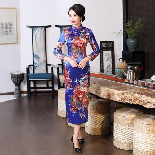 Navy Blue Wedding Cheongsam Oriental Evening Dresses Long Sleeve Traditional Chinese Bride Vintage Dress Winter Qipao Sexy