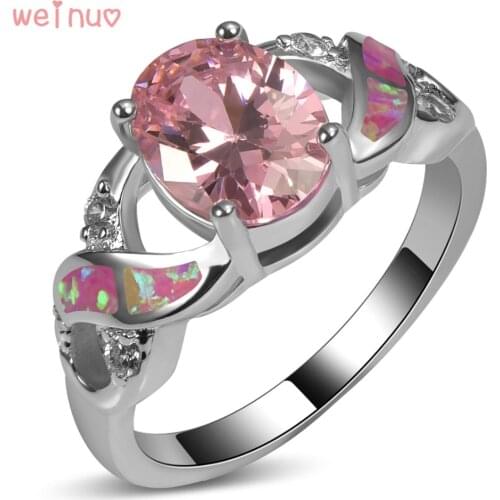 Weinuo Oval Pink Crystal Pink Opal White Crystal Ring 925 Sterling Silver Top Quality Jewelry Wedding Ring Size 5 6 7 8 9 10 11