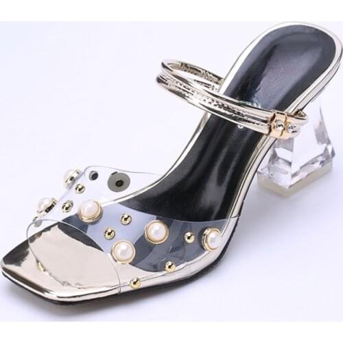 Womens Sandals 2021 New Fashion High Heel Crystal Heel Shoes Clear Heel One Pair of Shoes for Two Uses Pearl Slippers