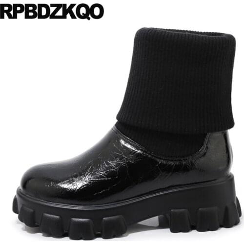 Chunky 12 44 Patent Leather Black Big Size Muffin Women Ankle Boots 2021 Round Toe 13 45 Flatform Knit Platform 9 Harajuku Shoes
