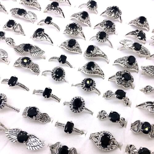 MixMax 50PCs/Lot Womens Rings Mix Styles Silver Plated Black Stone Vintage Jewelry Party Gifts Wholesale dropshipping