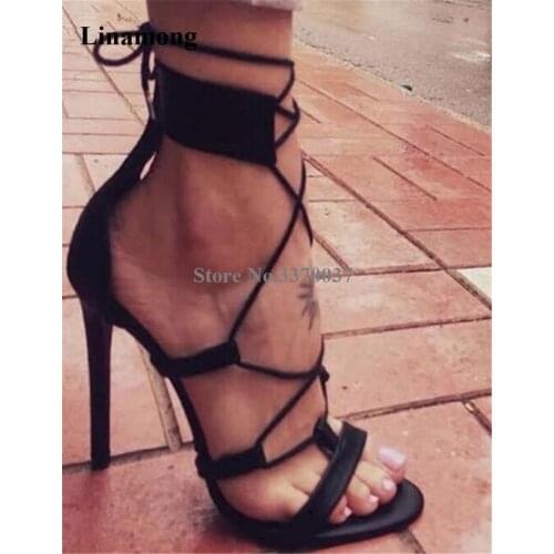 Women Summer Fashion Open Toe Black Suede Leather Stiletto Heel Gladiator Sandals Lace-up High Heel Sandals Dress Heels Shoes