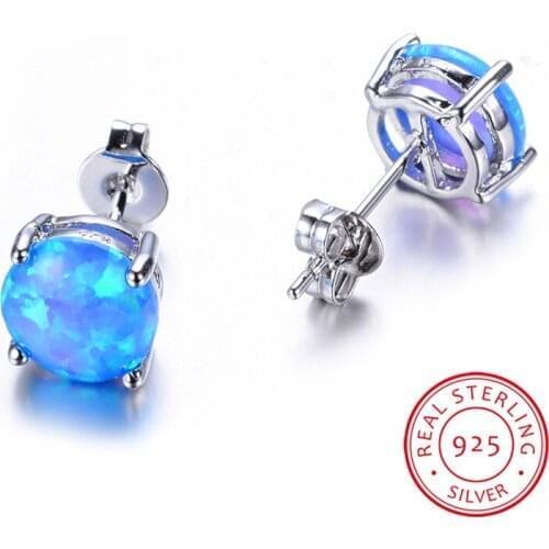 Simple Female Small Round Stud Earrings 925 Sterling Silver Earrings For Women Cute Pink White Blue Fire Opal Earrings