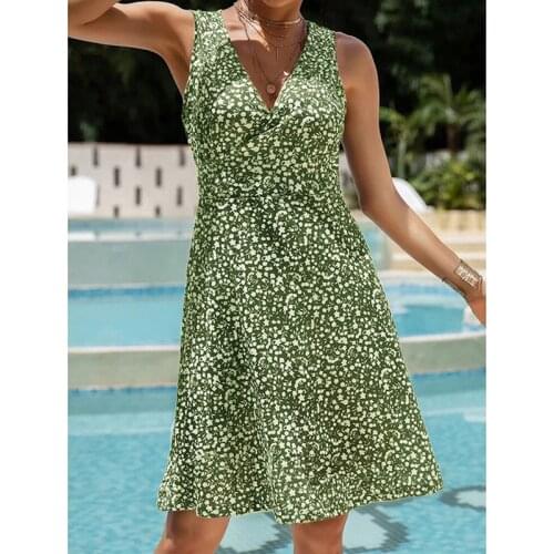 2021 Summer New V Neck Women Dress Retro Floral Print Sleeveless Lace Up Casual Beach Sexy Floral Lace Vest Sundress Vestidos