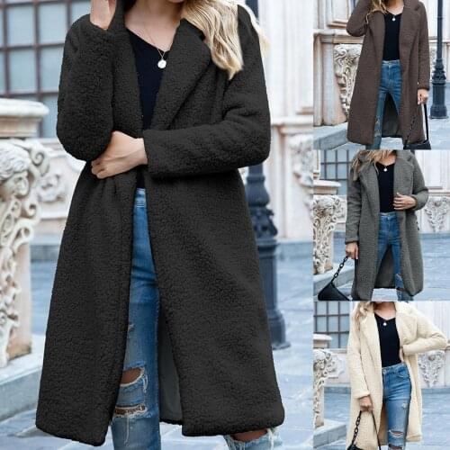 Plus Size 3XL Winter Jacket Women Solid Color Faux Fleece Long Coat Women Open Front Cardigan Jacket Women Overcoat femme veste