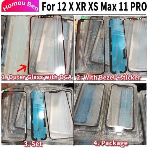 1Set A Quality Outer Glass Lens For IPhone X XR XS Max 12 11 PRO Front Screen With OCA Film Middle Frame Bezel Repair Parts
