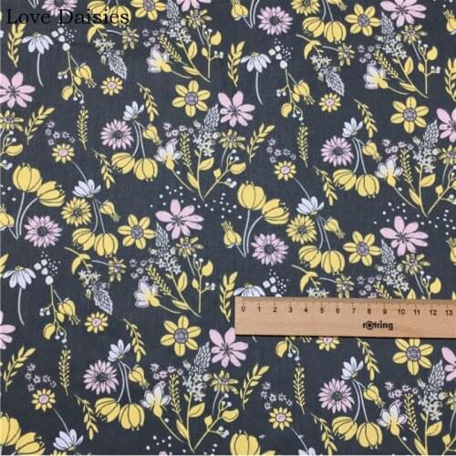 100% cotton Retro BLACK Yellow Mauve Flower Fabric DIY for Kids Bedding Apparel Summer Dress Bag Handwork Craft Decor
