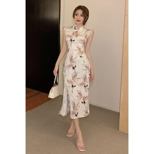 2021 chinese dress sleeveless crane cheongsam graceful oriental evening dress chinese traditional women elegant long qipao sexy