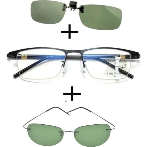 3Pcs!!! Progressive Far and Near Business Reading Glasses for Men Women + Polarized Sunglasses Alloy Thin Leg + Sunglasses Clip