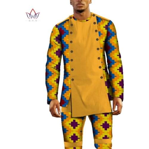 Bazin Riche Men 2 Pieces Pants Sets African Design Clothing African Clothes Casual Men Long Top Shirts and Pants Sets WYN553