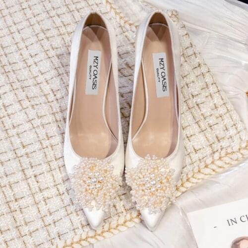 Big Size 34-43 Luxury Crystal Pearl Woman Wedding Shoes Soft Silk Pointed Toe Women Pumps High Heels Fashion Party Shoes Shallow