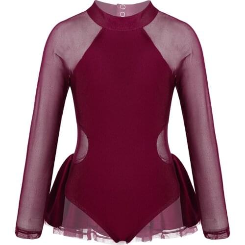 Kids Girls Long Sleeves Sheer Tulle Open Back Dance Wear Ballet Gymnastics Leotards Figure Skating Dress Performance Costume