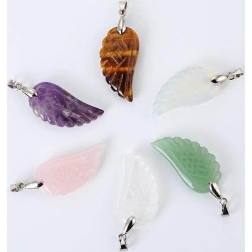 European Natural Stone Pendant Wing Shape Silver color Opal Pink white crystal Amethysts Stone Pendant for Necklace Women Men