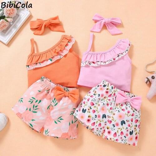 Lovely Kid Baby Girls Floral Clothes Sets Summer Sling Sleeveless Tops+ Shorts + Headband 3pcs Outfits Fashion Clothing 2-5Years