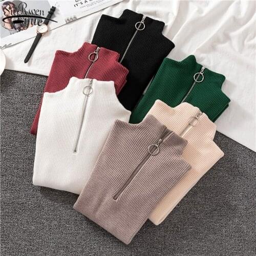 Fashion Solid Colors Long Sleeve Zipper Slim Womens Knitwear Autumn and Winter Womens Half Turtleneck Pullover Feminine 11260