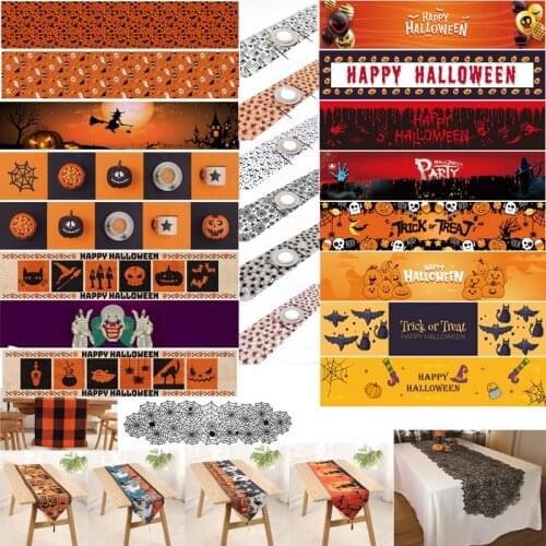 Table Runner Halloween Party Spider Web Cartoon Printed Cotton Polyester Pumpkin Bat Watch Ghost Orange Scary Tablecloth Holiday