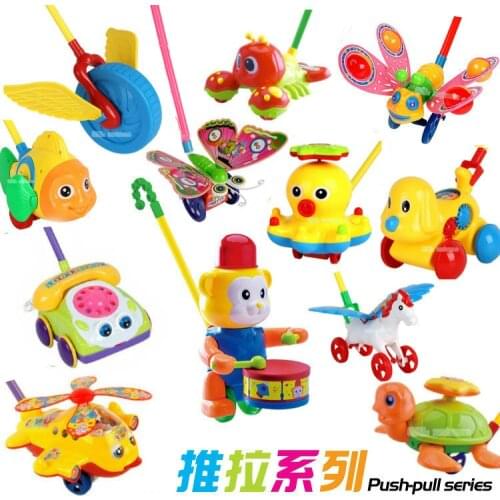 New Baby Walker Toy Hand Push Pull Walks Plane Rod Push Cart Single Rod Blink Eyes Drag Tongue Toddler Walking Toys Color Random