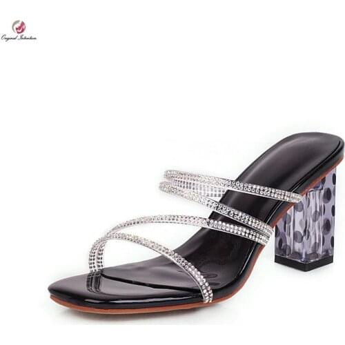 Original Intention New Stylish Crystal Sandals Woman Open Suqare Toe Crystal Square Heels Elegant Party Club Shoes Female 4-10.5