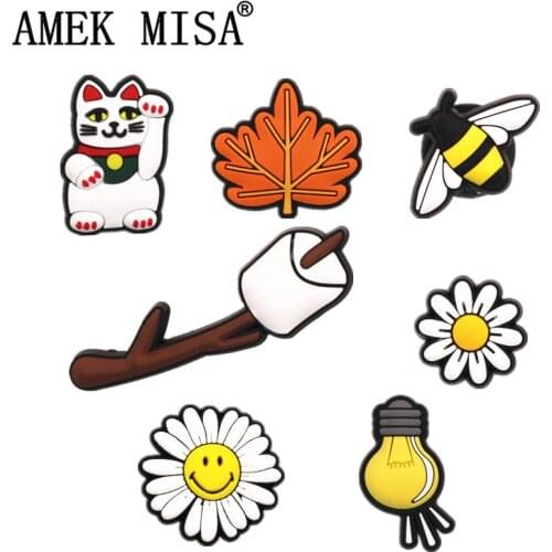 Original Maple Leaf/Lucky Cat/Daisy/Bee/Light Bulb PVC Shoe Charms Accessories Shoe Decoration for Croc jibz Party Kids Gifts