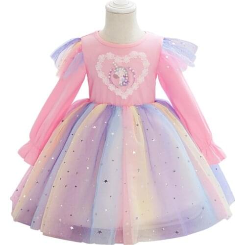 3-12T Girls 2021Dress Spring And Summer Long-sleeved Unicorn Childrens Dress Flying Sleeve Rainbow Sequined Mesh Princess dress