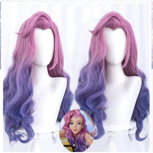 Costume LOL KDA Seraphine Cosplay Wig Loose Wave Straight Pink Mixed Purple Wigs Heat Resistant Synthetic Hair+Free Wig Cap