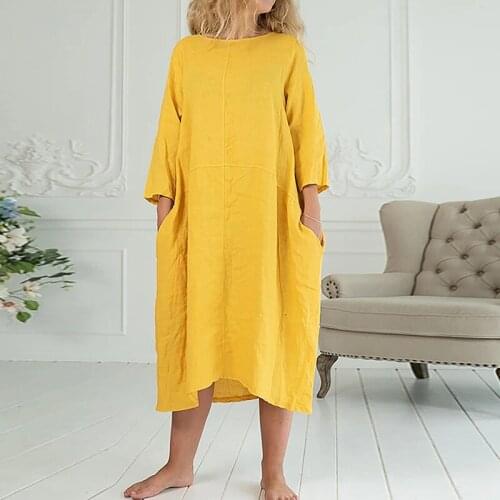 Spring Autumn Elegant O-Neck Party Dress Female Casual Pocket A-Line Long Dress Women Fashion Solid Basic Loose Dresses Vestidos