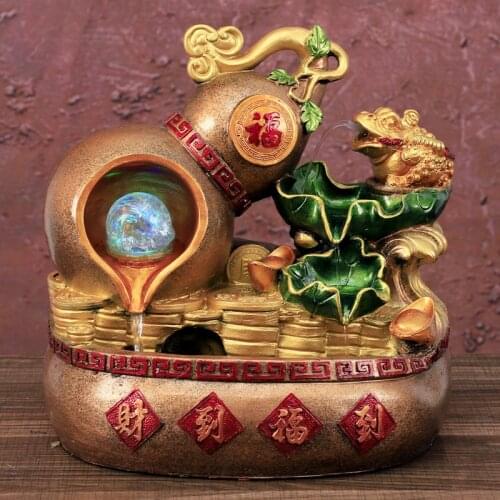 Resin Lotus Pond Water Fountain Lucky Feng Shui Good Fortune Gourd Gold Toad Waterscape Indoor Humidifier Company Opening Gifts