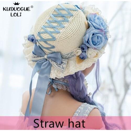 Lolita Kawaii Straw Hats +Necklace Princess Mori Girl Summer Women Beach Sun Hat Japanese Lace Bow Ribbon Round Flat Headwear