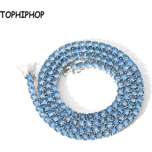 TOPHIPHOP 4mm Hip Hop Tennis Chain Round Blue Zircon Necklace High Quality Men and Women Necklace Jewelry Gift Exquisite Boxed