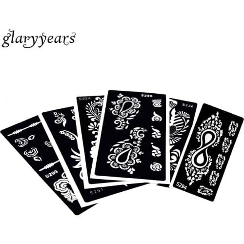 6 Pieces Indian Henna Tattoo Stencil Hollow Black Drawing Women Body Art Ink Infinity Flower Wave Classic Tattoo Stencil S200#06