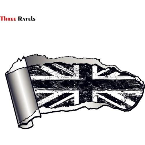 Three Ratels FTC-859# 20x10.8cm Ripped Open Gash Torn Metal Design With Grunge B&W Union Jack Flag Motif Vinyl Car Sticker