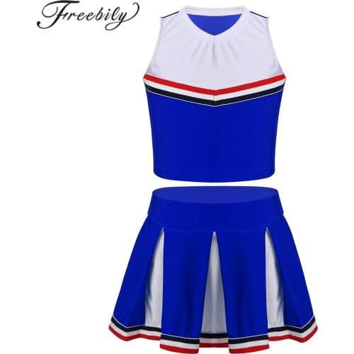 Girls Cheerleader Uniforms Childrens Cheerleading Costumes Sleeveless Crop Top + Pleated Skirts 2pcs Kids Dancewear Outfit