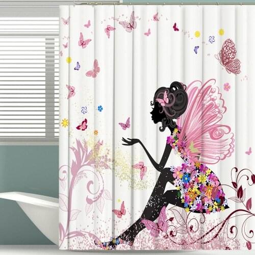 Shower Curtain Cartoon Girls With Flowers Waterproof Polyester For Bathroom Fairy Tale Bath Curtain With 12 Hooks