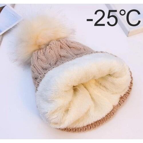 Women Winter Bonnet Soft Thick Fleece Lined Dual Layer Faux Fur Pom Pom Knitted Skullies Beanies Hats Fashion Outdoor Sports Cap