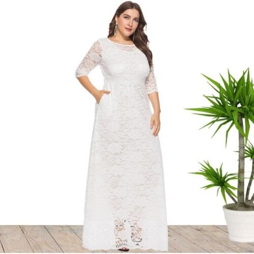 2021 Summer Womens New Large Size Round Neck Hollow Lace Pocket Dress Seven Sleeve Womens Evening Dress Long Dress plus size