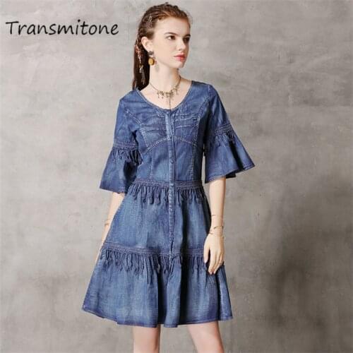 Women Tassels Denim Dress 2020 Spring Vintage 100% Cotton Dresses O-Neck Single Breasted Flare Sleeve Woman Vestidos Femininos