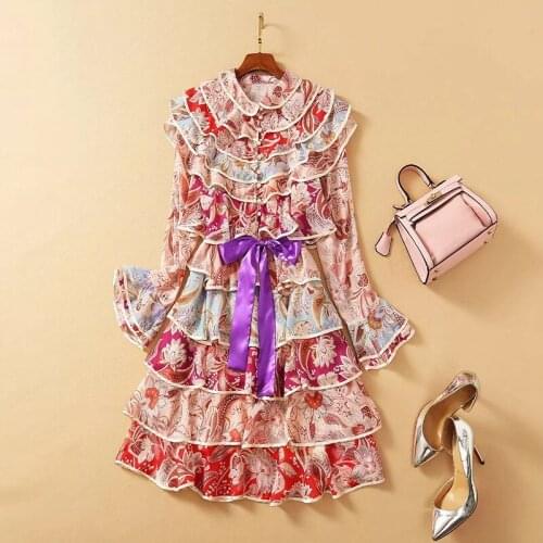 2021 Spring Summer Dress Knee Length Long Sleeve Empire Lapel Neck Flora Print Fashion Dress
