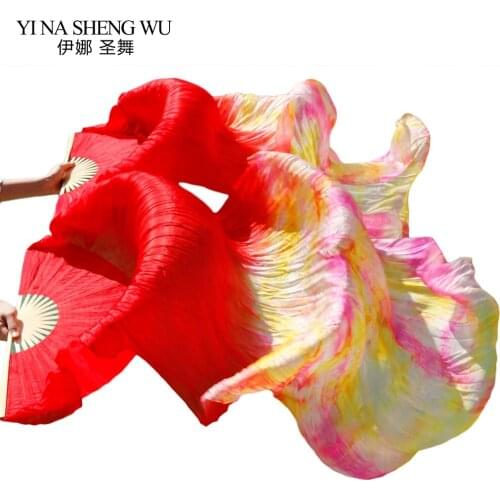 100% Silk Mixed Colors Belly Dance Fans Red+Multicolor Stage Performance Dance Props 180x90cm Women Belly Dance Silk Fans 1 Pair
