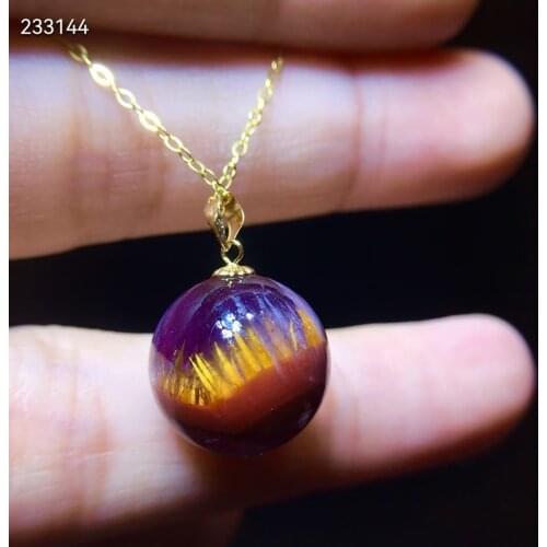 Genuine Natural Cacoxenite Auralite 23 Pendant Purple Red Women 13.4mm Round Sphere 925 Sterling Silver Crystal Jewelry AAAAA