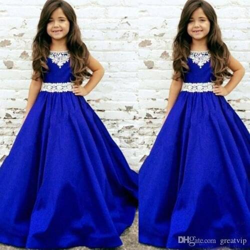 2021 Royal Blue Girls Pageant Dresses Lace Jewel NeckToddler Infant Satin Long Cheap Flower Girl First Communion Dress