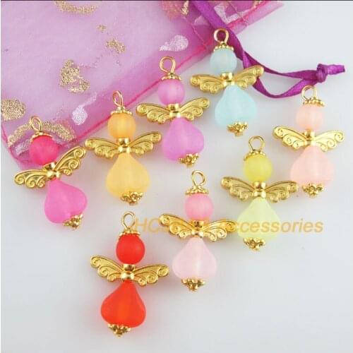 8Pcs Gold Color Angel Mixed Frosting Acrylic Heart Charms Pendants 21.5x33mm