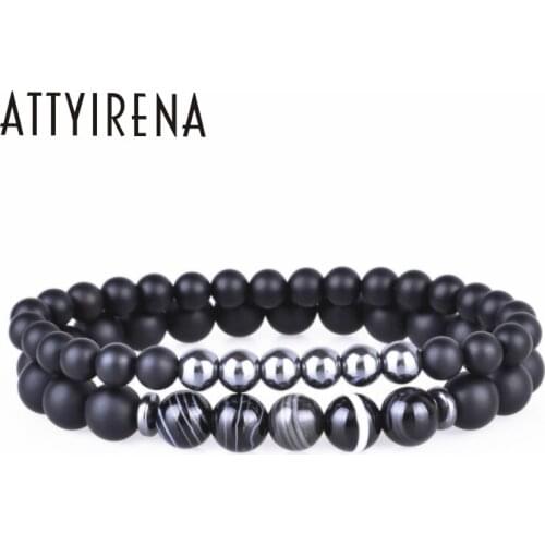 ATTYIRENA 8MM Natural Stone Stripe Bead Bracelet Beaded Black Mantra Prayer Beads Buddha Women&Men Bracelet Elastic Bracelets
