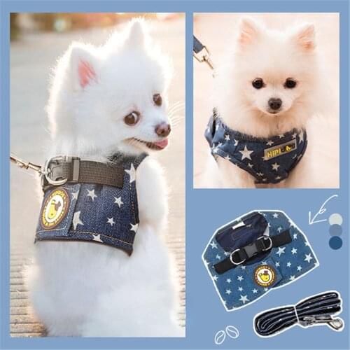 Miflame Denim Dog Harness Small Dogs Vests Schnauzer Pomeranian Accessories Cartoon Pet Harness And Leash Set Pet Dog Cat Vests
