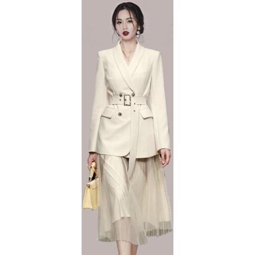 Early Autumn Elegant Office Womens Dress Set Solid Double-Breasted Blazers Jacket With Belt Mesh Base Strap Dress Two-Piece Set